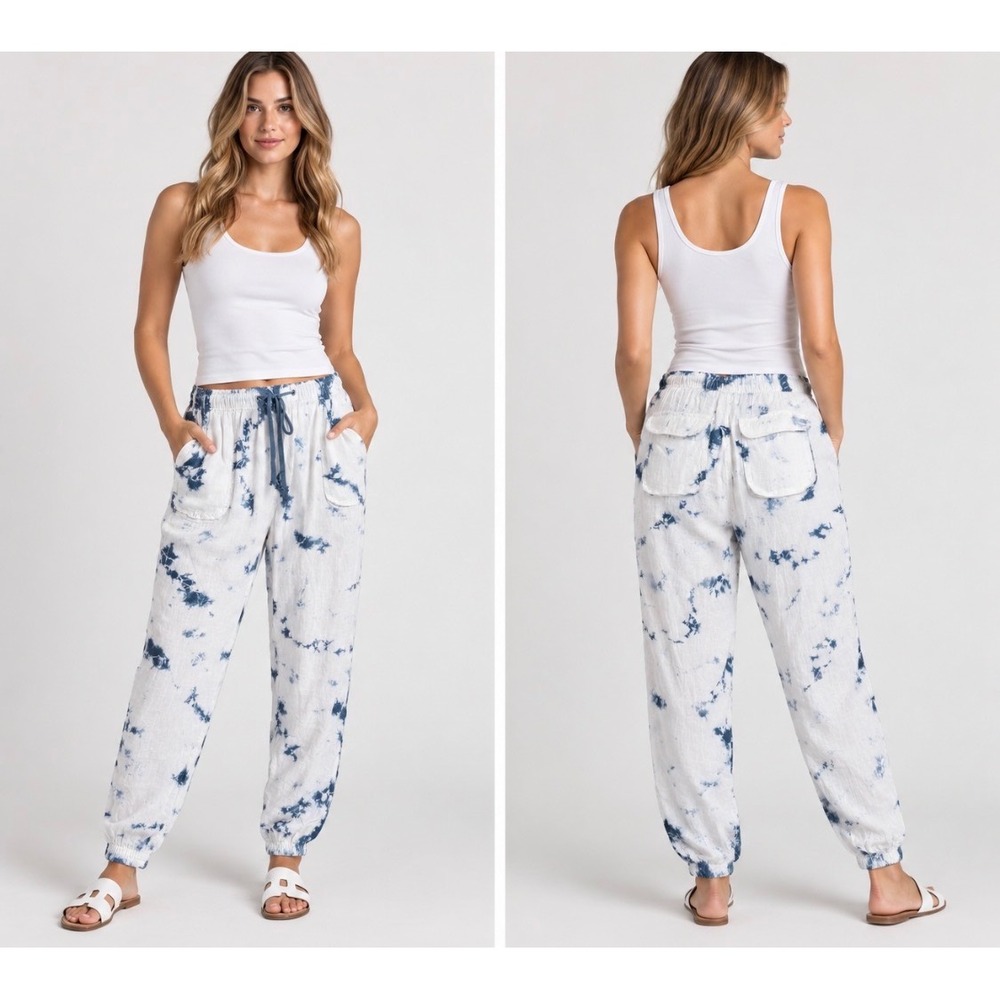 Rachel Zoe 100% Linen Tie Dye Jogger Pants Large Blue White Drawstring Pockets